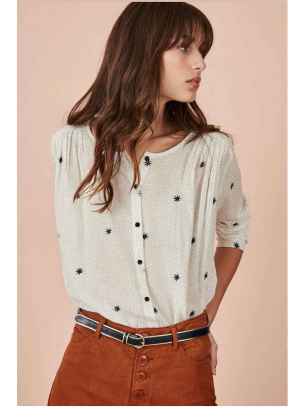 Women's Des Petits Hauts Star Print Blouse, Size M, White and Black